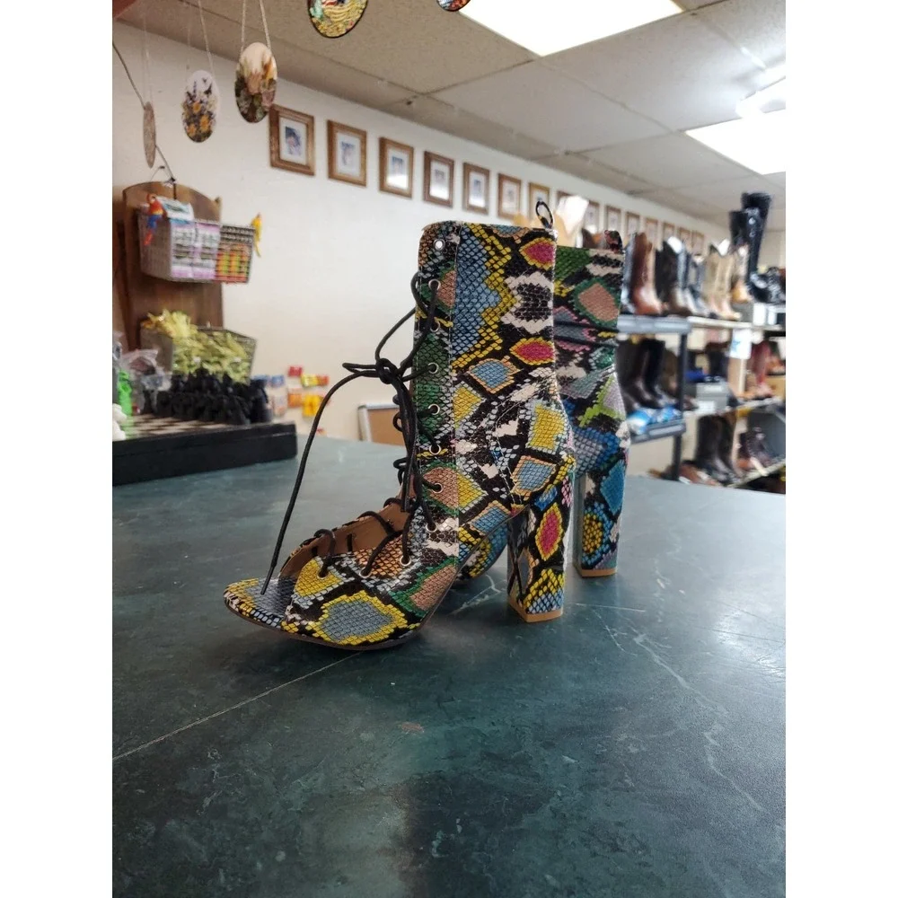 Snakeskin Print Lace-Up Chunky Heel Sandals Wmn 8.5 Multicolor Open Toe 40 L 8-9